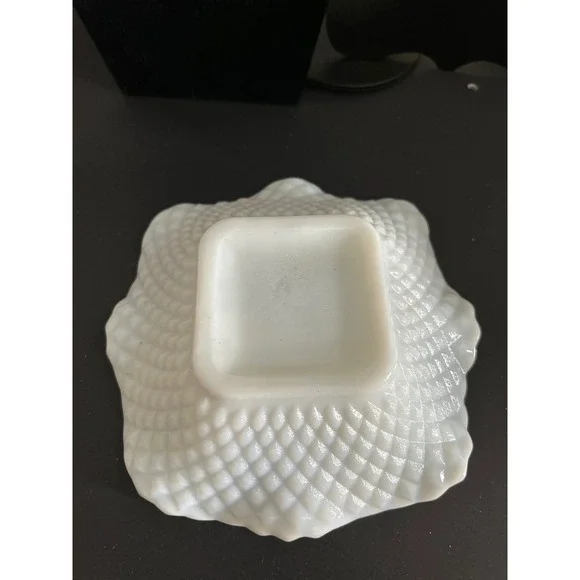 Milk Glass Bowl White Vintage Hobnail Ruffled Edge Square Base Collectible 5in - Picture 2 of 8